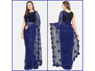 Heavy Banglori Silk Embroidery Saree – 02 – Navy Blue – AMI