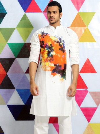 l-mens-cotton-punjabi-white-and-orange-mix-with-flower-print-mpl-5-big-0